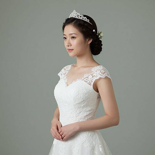 Photograph of an Asian woman with fair skin, wearing a white lace wedding dress and silver tiara, standing against a gray background.