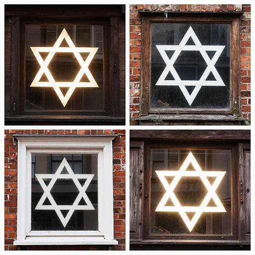 Photograph of four windows with illuminated white Star of David against red brick, brown wooden frames, and black glass panes.