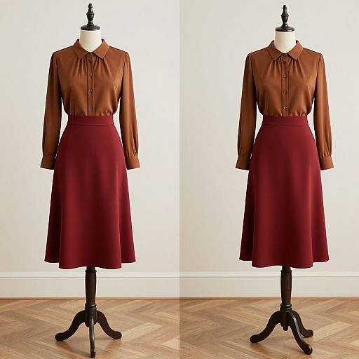 Photograph of a burgundy long-sleeve blouse and high-waisted skirt displayed on two black dress forms against a white wall.