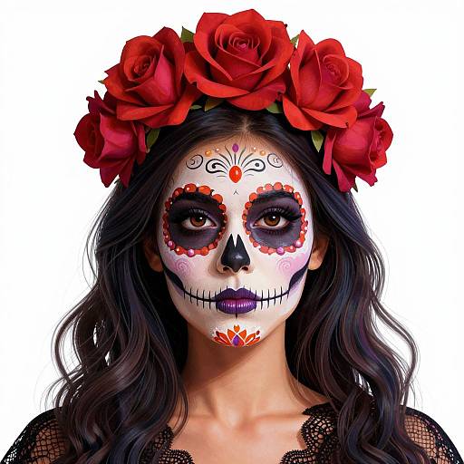 Photograph of a woman with black hair, white face paint, red flower headpiece, purple lipstick, and intricate sugar skull makeup.