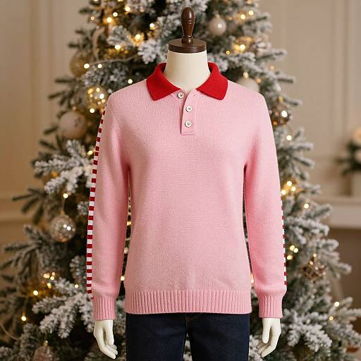 Photograph of a mannequin wearing a pink knitted sweater with red collar and buttons, standing in front of a decorated, snow-frosted