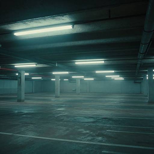 Photograph of an empty, dimly lit underground parking garage with fluorescent lights, concrete floors, and white columns, casting a blue-gray hue.
