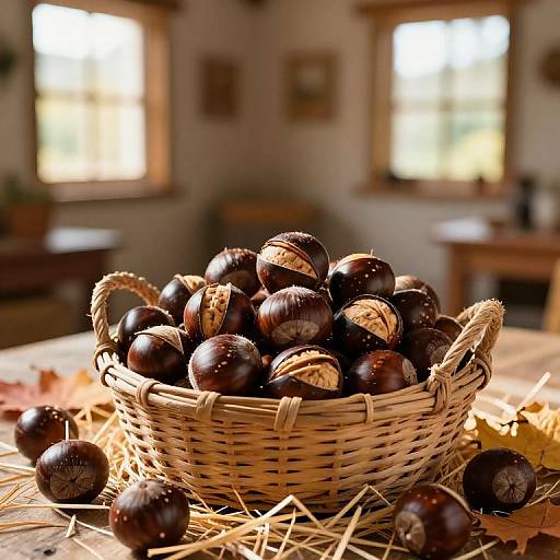 Photograph of a wicker basket filled with dark, glossy chestnuts, placed on a wooden table with straw and autumn leaves, in a warmly lit