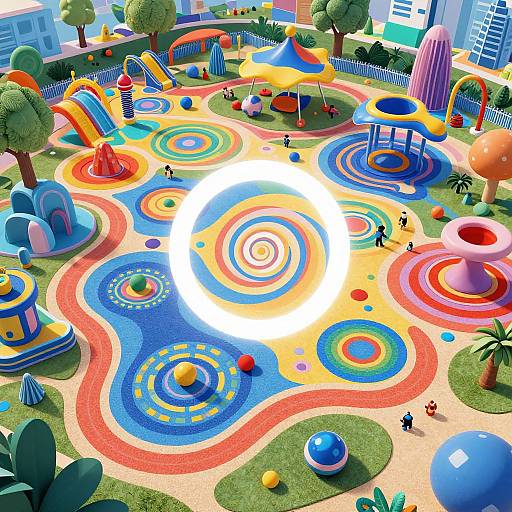 Vibrant playground photo: colorful spiral patterns, bounce houses, playground equipment, children playing, trees, city buildings in background, bright sunlight.
