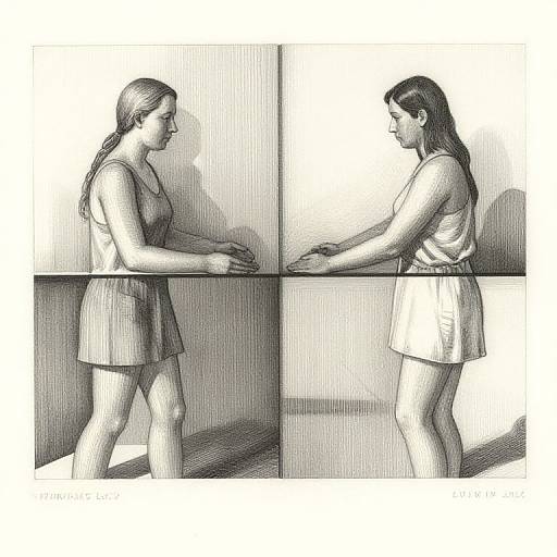 Black-and-white digital illustration of two women with long hair, wearing sleeveless tops and skirts, facing each other and reaching hands across a table.