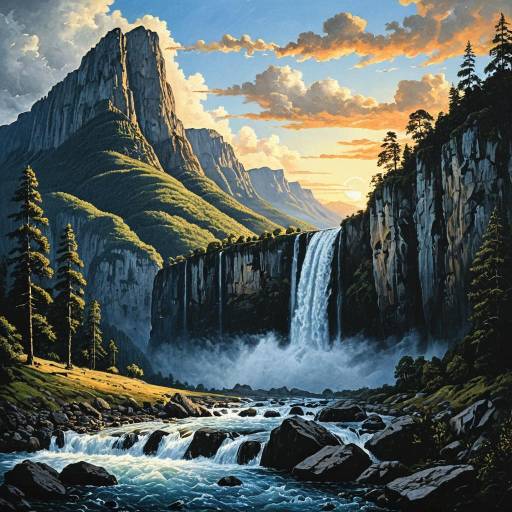 Mountain Waterfall at Sunset Painting