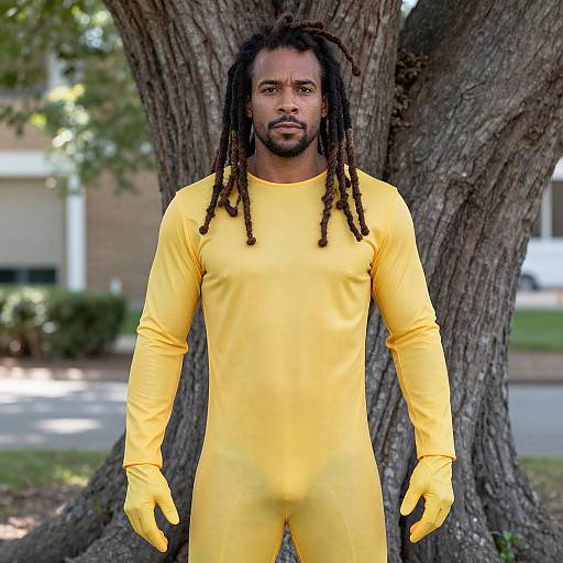 Photograph of a Black man with dreadlocks wearing a bright yellow full-body suit and gloves, standing in front of a large tree. Background includes a