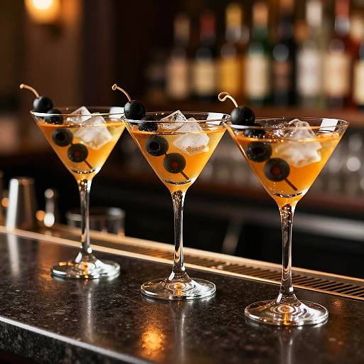 Photograph of three martini glasses on a bar counter, each filled with orange liquid, ice cubes, and black olives, with blurred liquor bottles