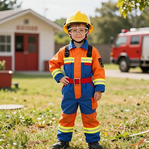 Confident Young Firefighter in Backyard