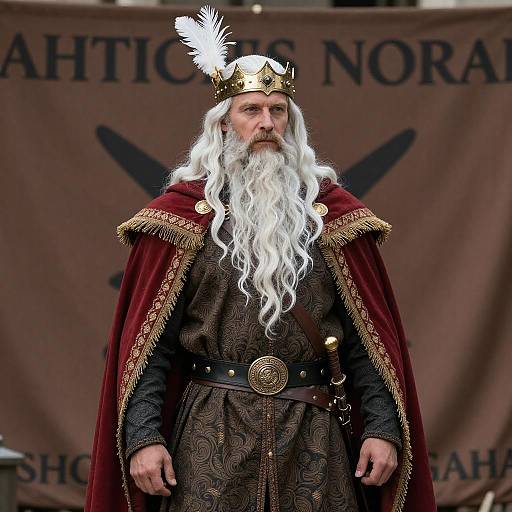 Photograph of an elderly white man with a long white beard, wearing a gold crown with a white feather, red and gold-trimmed cape,