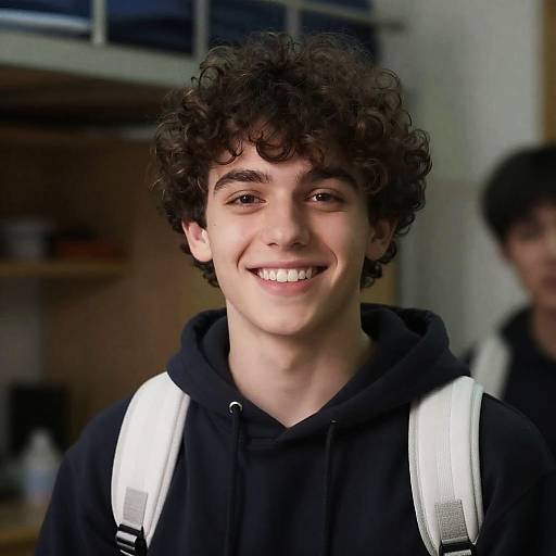 Smiling Young Man with Curly Hair and Hoodie