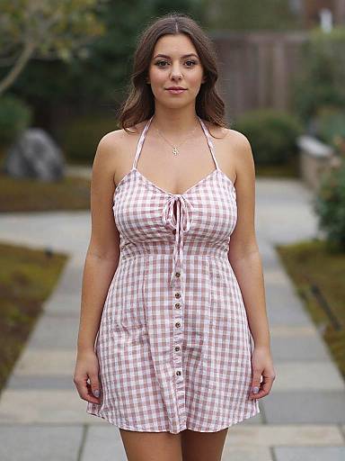 Photograph of a young woman with long brown hair, wearing a red-and-white checkered halter dress with buttons, standing on a stone pathway in