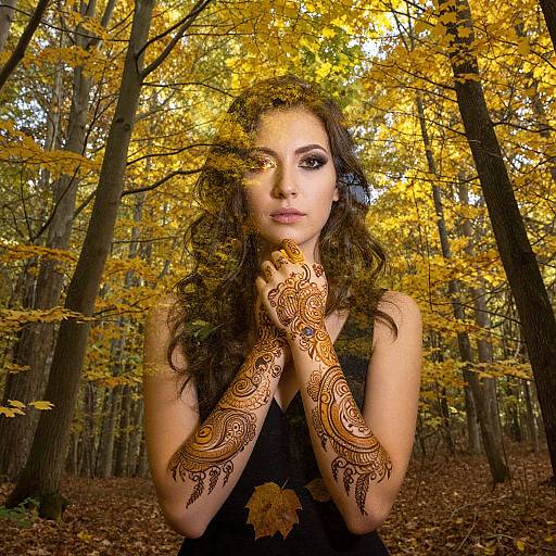 Photograph of a woman with intricate henna designs on her hands, standing in a forest with yellow autumn leaves, wearing a black dress, looking directly