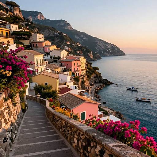 Photograph of a picturesque coastal Italian village at sunset, featuring colorful houses, blooming pink flowers, stone pathway, calm blue sea, and small boats