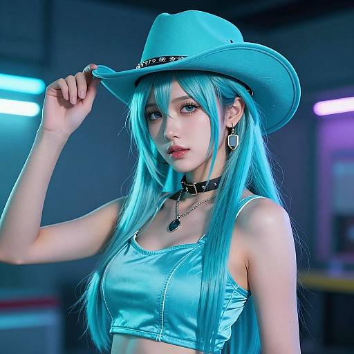 Photograph of a young woman with long blue hair, wearing a silver cowboy hat, crop top, and choker, set in a neon-lit