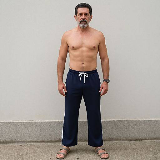 Photograph of a middle-aged, shirtless man with a gray beard, wearing black pants, white drawstring, and sandals, standing against a plain