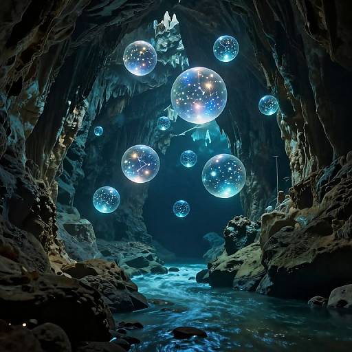 Photograph of a dark, rocky cave with glowing, translucent blue bubbles floating above a blue-lit, flowing stream. Crystalline formations illuminate