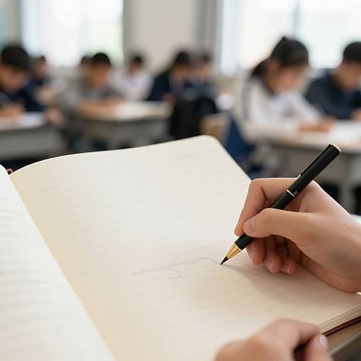 Close-up photograph of a hand writing in an open notebook with a black pen, blurred classmates in a bright classroom background.