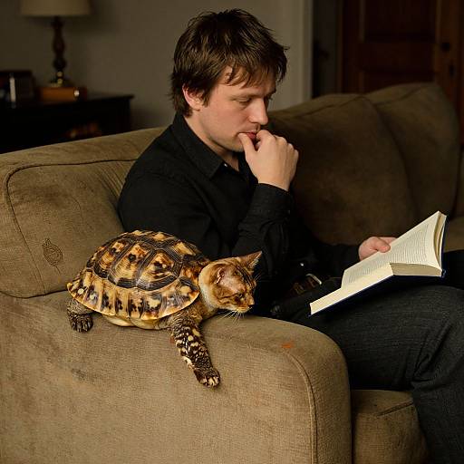 Photograph of a brown-haired man in black clothes, sitting on a brown couch, reading a book while a tortoiseshell cat sleeps on the