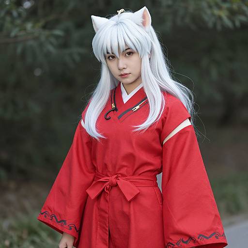 Photograph of an Asian woman in white fox ears cosplay, wearing a vibrant red kimono with black trim, standing outdoors against a blurred green background.