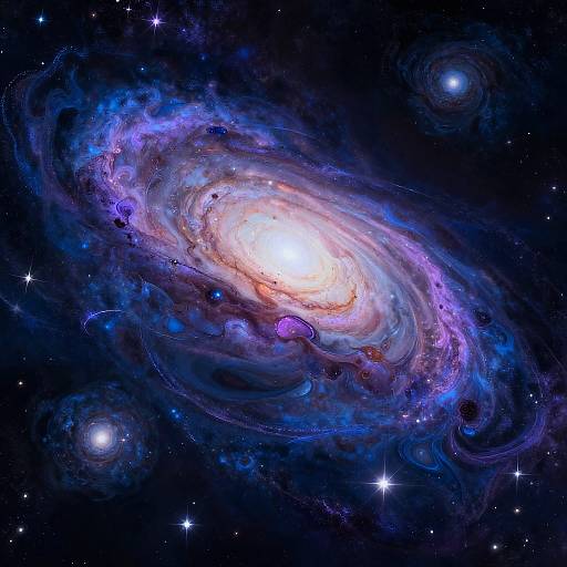 Digital artwork of a vibrant spiral galaxy with a bright, glowing core, surrounded by swirling blue, purple, and pink clouds in a star-filled dark space