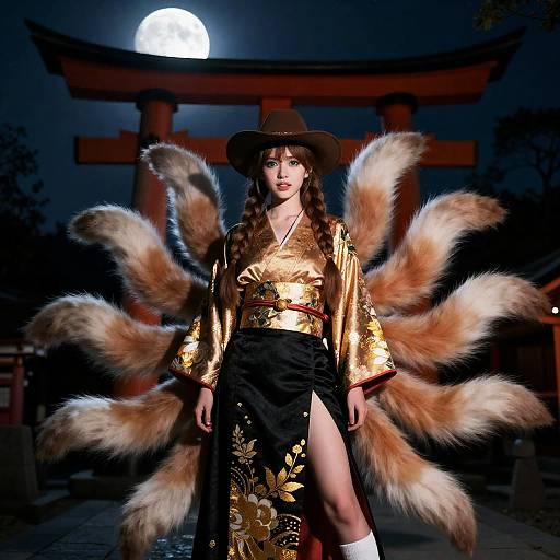 Woman in Kitsune Costume with Nine Tails at Night Shrine
