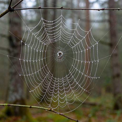 Photograph of a delicate spiderweb covered in dew droplets, hanging between tree branches in a misty forest. Background blurred.