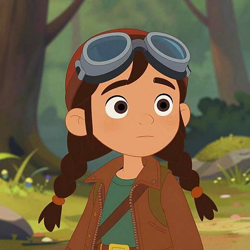 Cartoon girl with brown pigtails, red jacket, green shirt, aviator goggles, serious expression, forest background, digital art style.