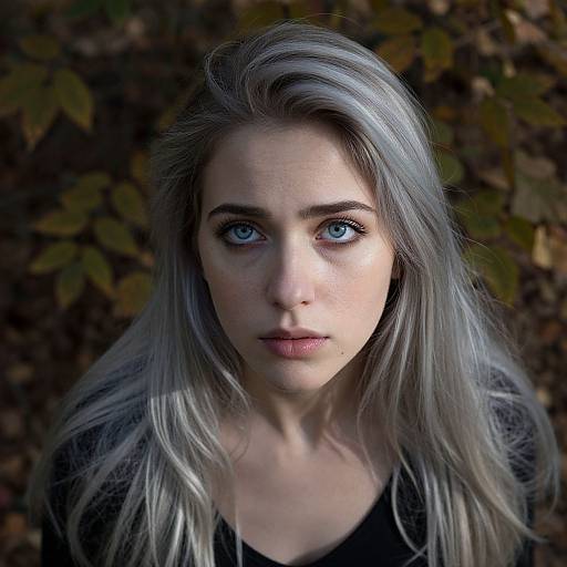Photograph of a young woman with long, silver-gray hair, striking blue eyes, and fair skin, wearing a black top, against a dark,