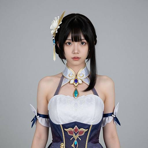 Photograph of an Asian woman with black hair, white flower hairpin, wearing a detailed fantasy-style costume with white and blue accents.