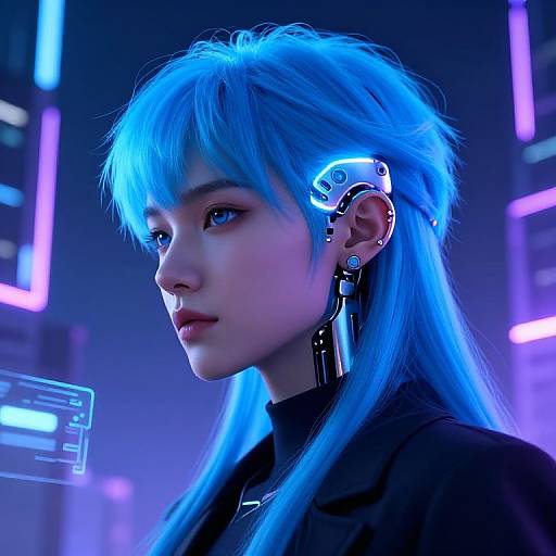 Cyberpunk portrait of a young woman with glowing blue hair, neon cybernetic earpiece, and futuristic background. Digital art, vibrant blue and