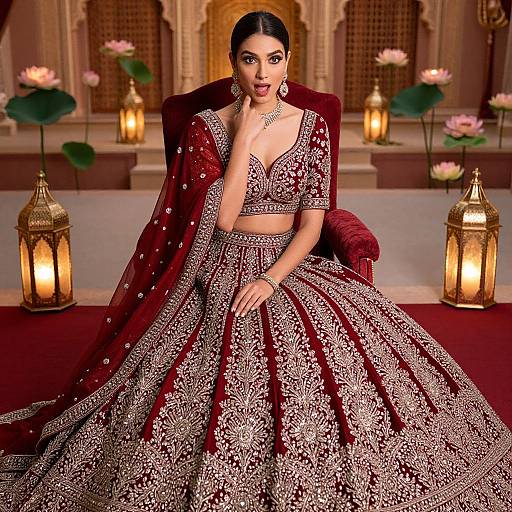 Photograph of an elegant Indian woman in a rich red and gold embroidered lehenga and dupatta, seated on a red velvet chair, adorned with jewelry
