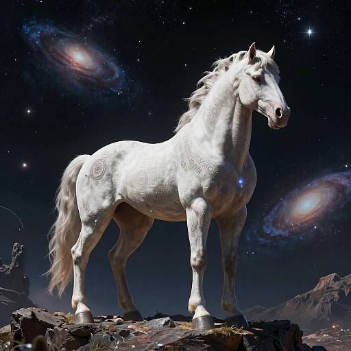 Digital artwork of a glowing, white, mystical horse with celestial patterns, standing on rocky terrain under a starry night sky with visible galaxies.