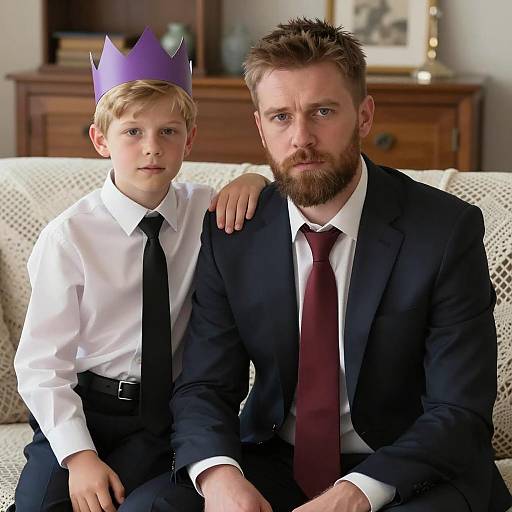 Father and Son on Crocheted Couch