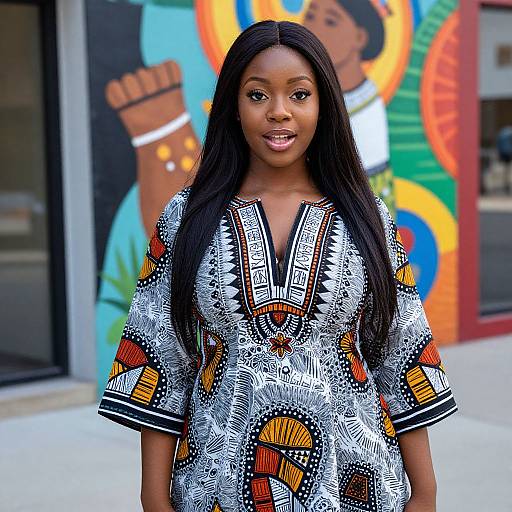 Photograph of an attractive Black woman with long straight black hair, wearing a vibrant, patterned African-inspired dress, standing in front of colorful urban mural