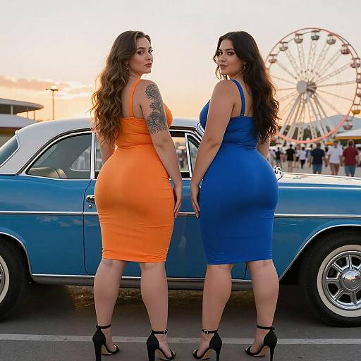 Curvy Women by Classic Car at Sunset