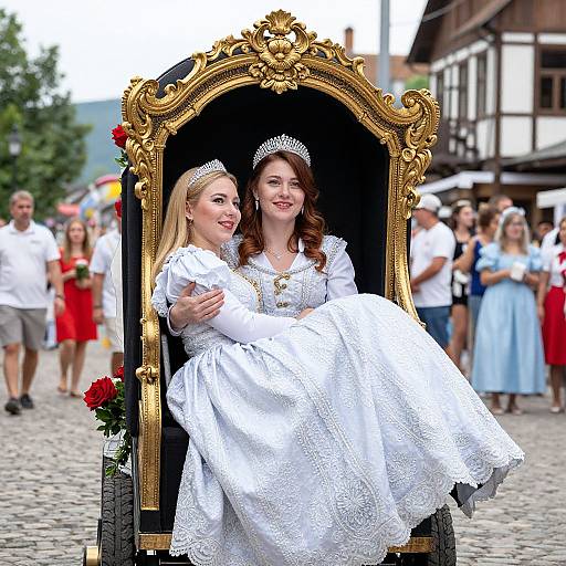 Photograph of two smiling women in white lace wedding dresses and tiaras, seated on an ornate golden throne in a cobblestone town square.