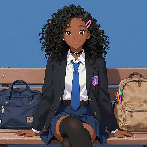 Anime Girl in Blue School Uniform Sitting on Bench