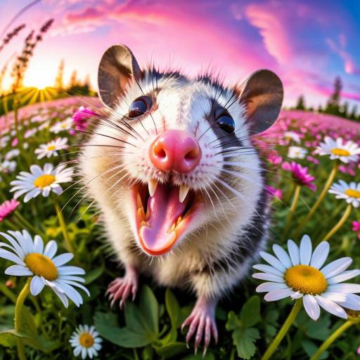 Playful Opossum in a Daisies Field