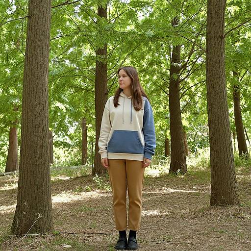 Photograph of a young woman with long brown hair, wearing a white and blue hoodie, tan pants, and black boots, standing in a sunlit