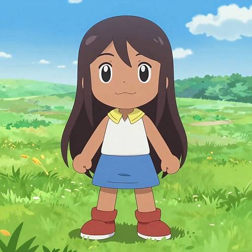 Digital anime-style drawing of a cute girl with long black hair, wearing a white sleeveless top, blue skirt, yellow collar, and red boots,