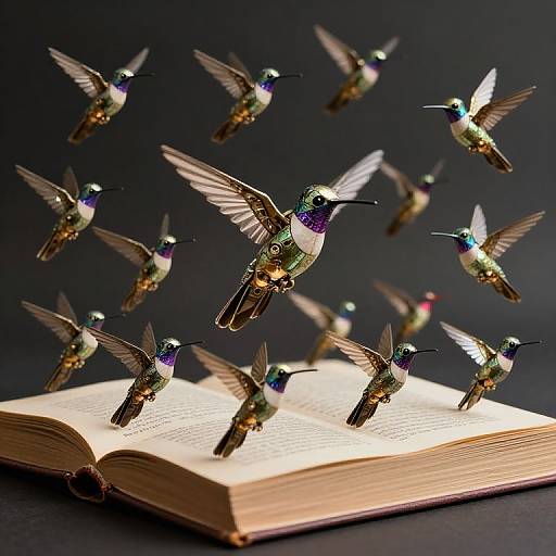 Photograph of iridescent hummingbirds, with shimmering green, blue, and purple feathers, hovering above an open book on a dark background.