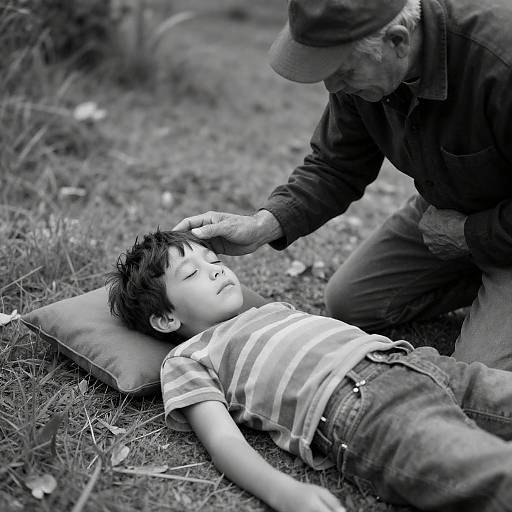 Monochrome Moment: Man Tending Boy