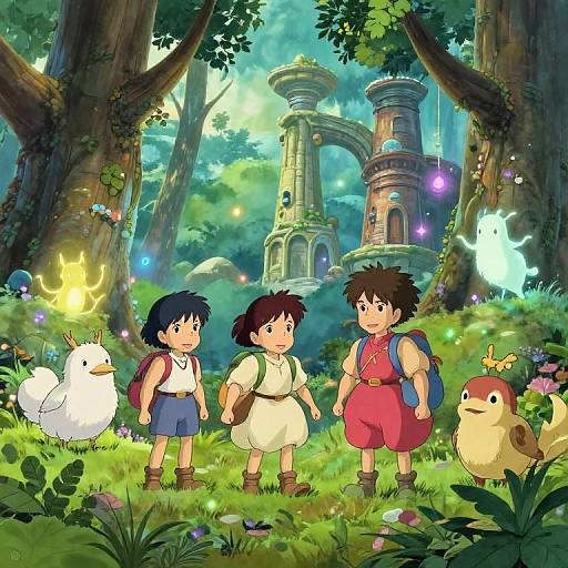 Digital anime-style illustration of three children with backpacks, standing in a vibrant, enchanted forest with glowing fireflies, magical ruins, and cute, glowing