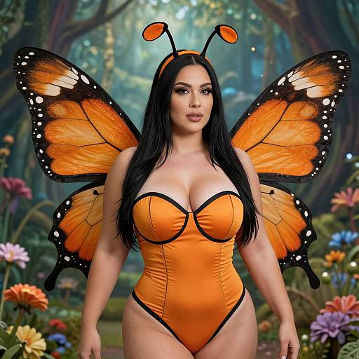 Photograph of a fair-skinned woman with long black hair, large orange butterfly wings, and an orange strapless bodysuit, standing in a