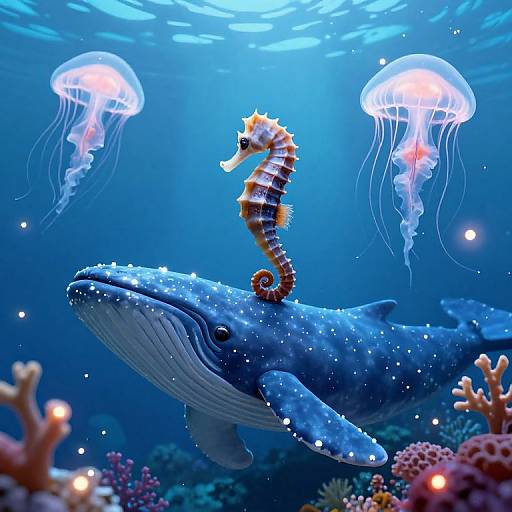 Photograph of a vibrant underwater scene with a blue whale, two glowing jellyfish, and a striped seahorse, surrounded by colorful coral.