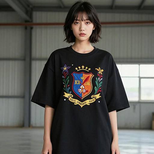 Asian woman with short black hair, wearing a black t-shirt with colorful embroidered crest, standing in a large industrial warehouse.