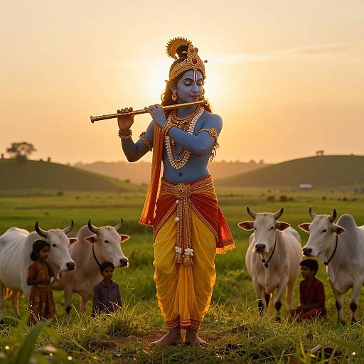 Photograph of blue-skinned Hindu god Krishna, wearing yellow-orange dhoti and ornate jewelry, playing flute at sunset, surrounded by cows in