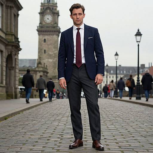 Photograph of a serious, handsome man in a navy suit, white shirt, and maroon tie, standing on a cobblestone street with a
