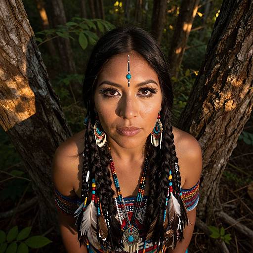 Photograph of a dark-haired Indigenous woman with braids, adorned in colorful beaded jewelry and feather earrings, standing in a forest, illuminated by sunlight